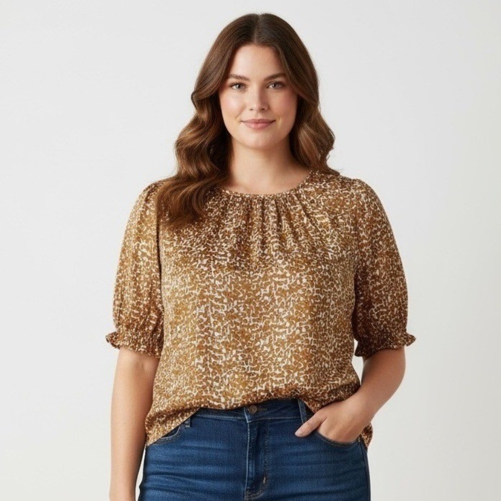 AVA & VIV‎ Plus Size 2X Brown Abstract Print Puff Sleeve Cotton Blouse Top